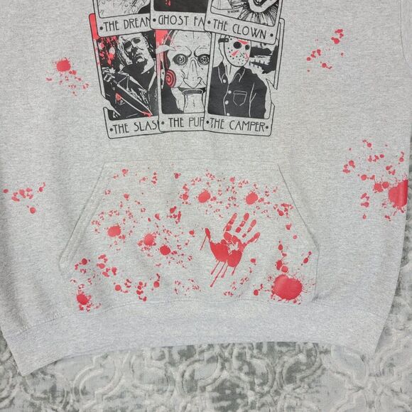 Horror Movie Hoodie Men's Large Gray Tarot Card Bloody Hand Print Film Sweater - Picture 8 of 13